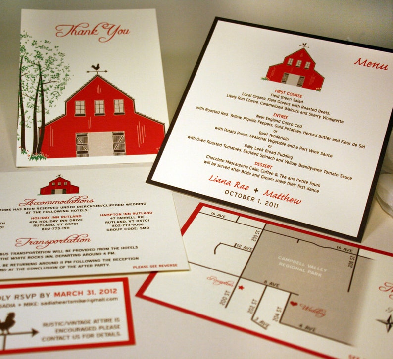 May include: Red and white wedding invitation with a red barn illustration. The invitation includes the couple's names, wedding date, and the text "Thank You".
