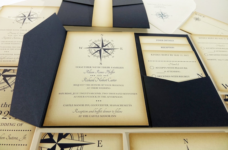Vintage Compass Wedding Save the Date Card, Navy Blue Postcard, Nautical Pocketfold Wedding Invitations, Beach Wedding Invites, Boat Yacht image 5