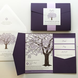 Purple Bat Mitzvah Inviti, Oak Tree Bat Mitzvah Invito, Jewish Girls Tree of Life Invitation, Lavanda Viola, Dark Pocketfold Tree