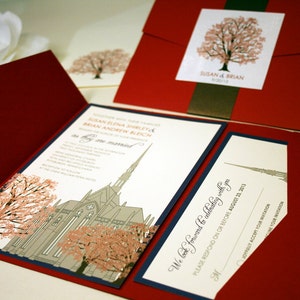 NEW SAMPLE Chapel Wedding Invitation, Oak Trees, Grey, Red, Fall, Winter Spring, Gothic Cathedral, Heinz Memorial Chapel, Pittsburgh, Church image 1