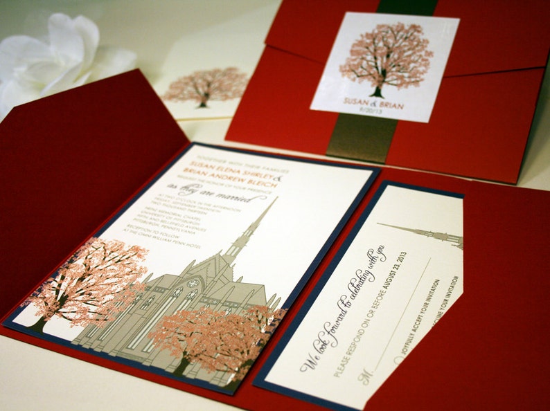 NEW SAMPLE Chapel Wedding Invitation, Oak Trees, Grey, Red, Fall, Winter Spring, Gothic Cathedral, Heinz Memorial Chapel, Pittsburgh, Church image 1