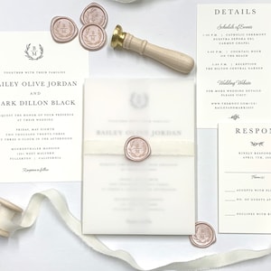 Champagne Pink and Ivory Wedding Invitation Suite with Wreath Crest Monogram image 1