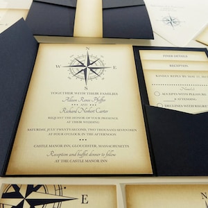 Vintage Compass Wedding Invitation, Navy Blue Nautical Blue Pocketfold Wedding Invitations, Beach Wedding Invites, Boat Wedding Yacht image 1