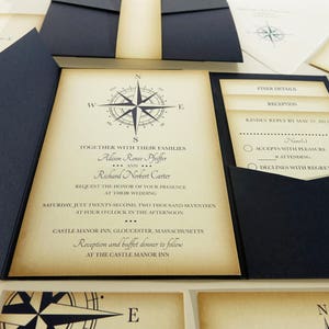 Vintage Compass Wedding Invitation, Navy Blue Nautical Blue Pocketfold Wedding Invitations, Beach Wedding Invites, Boat Wedding Yacht image 1