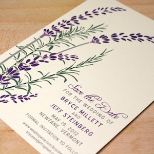 Lavanda guardar la tarjeta de fecha, invitación de boda de lavanda púrpura y romero, rústico y moderno, primavera, verano, púrpura, verde, crema, gris