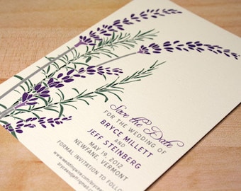 Lavender Save the Date Card, Purple Lavender and Rosemary Wedding Invitation, Rustic and Modern, Spring, Summer, Purple, Green, Cream, Grey