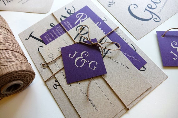 Rustic Wedding Invitation Set Purple Wedding Invite Kraft Etsy