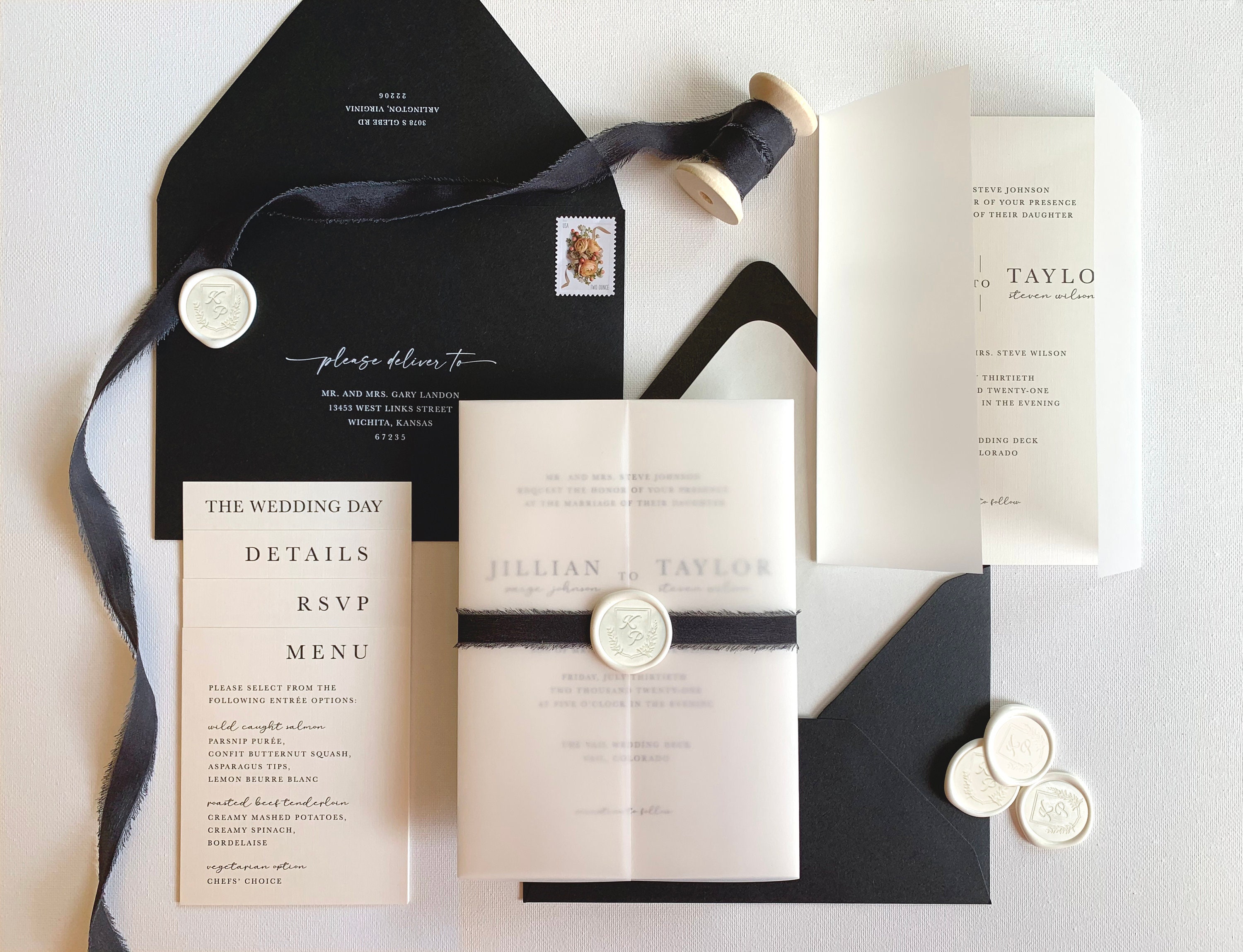 Modern Calligraphy Invitation 3 Tier Folder Pocket Suite with Vellum  Parchment Envelope and Pearl Wax Seal with ribbed ribbon