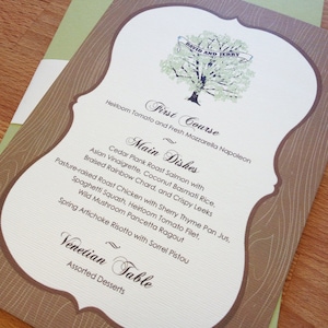 Menu, Drzewo z ramą drewnianą, Śluby, Kolory niestandardowe, Brązowy, Zielony, Kremowy, Wyroby papiernicze, Zaproszenie, RSVP, Zapisz datę, Składane kieszenie, Pasek na brzuch