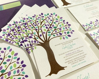 Invitación del Bat Mitzvah del Árbol de la Vida, Marrón Verde Azul Púrpura, Invitación al Bat Mitzvah del Árbol de Roble, Invitación al Bar Mitzvah, Naranja, Mitzvah de Otoño Rojo