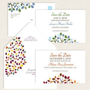 Bat Mitzvah Save the Date, Baum des Lebens, Blätter, Äste, Blau, Grün, Rot, Orange, Gold, Gelb, Bar Mitzvah Save the Date Postkarte