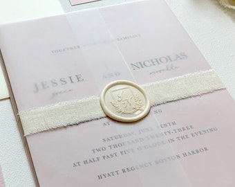 Ivory Monogram Wax Seal and Pink Wedding Invitation Suite with Ivory Frayed Ribbon and Vellum Wrap