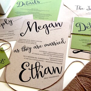 May include: A rustic brown wedding invitation with green accents. The invitation reads "Megan & Ethan as they are married" with the date and time of the wedding. The invitation also includes the location of the ceremony and reception.
