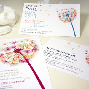 Pusteblume Save the Date Karte, Hochzeit Save the Date Postkarte, Rustikale Pusteblume HochzeitSeinladung Set, Rosa, Blau, Grün, Orange, Schwarz