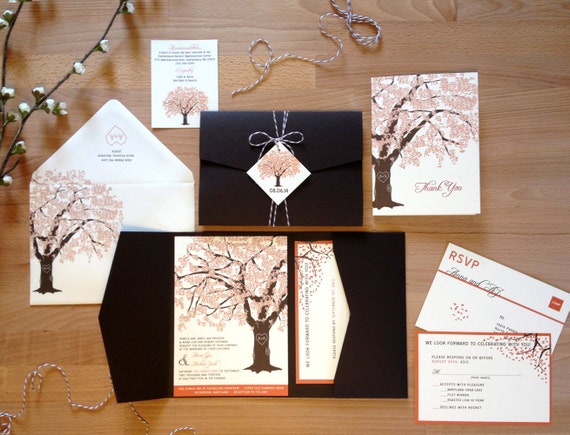 Fall Tree Wedding Invitation Suite, Oak Tree Pocketfold Tag and Twine, Fall Wedding Invite Rustic
