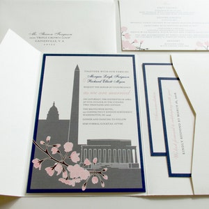Kirschblüte Einladung Washington DC Einladungen, Pocketfold Hochzeitseinladung, Narzissen, Tulpen, Blumen, grau, Wein, gelb, rosa