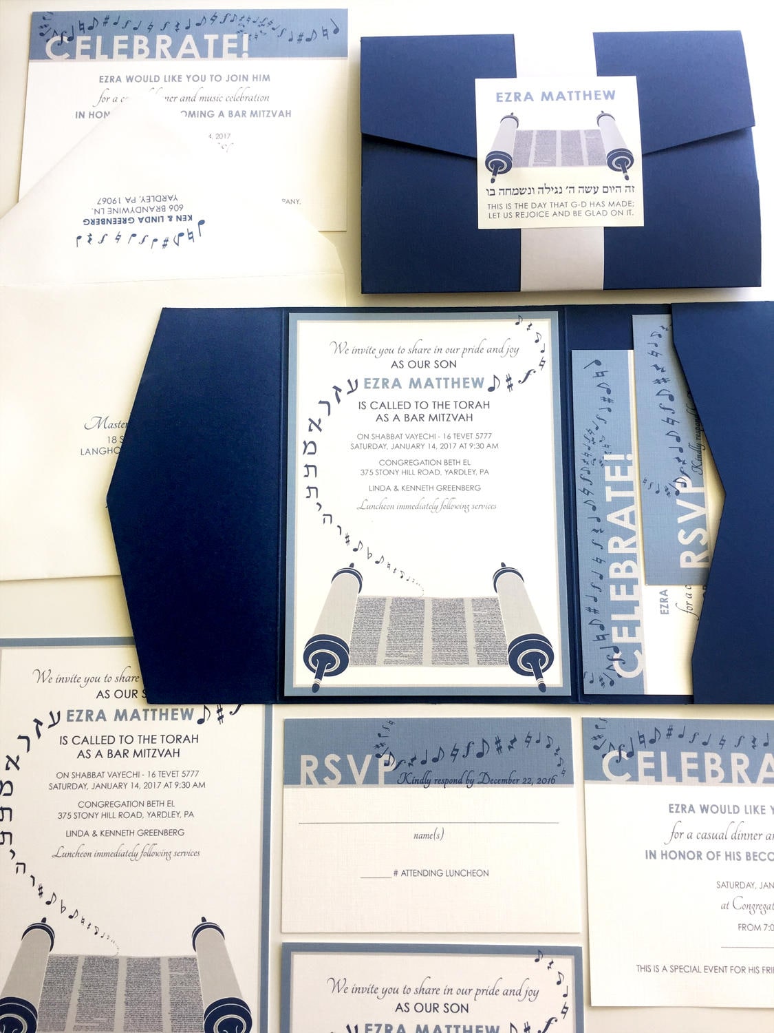 Torah Bar Mitzvah Invitation, Music Torah Bat Mitzvah Invitations, Navy  Blue Pocketfold, Silver Grey Bellyband, Stickers, Addressed Envelope - Etsy, image size:1125x1500
