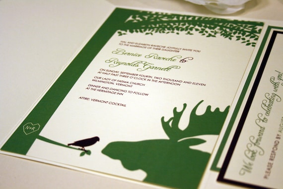 SAMPLE Moose and Bird Pocketfold Wedding Invitation, Green, Brown, Red, Blue, Pink, Tree, Bellyband, Sticker, Cream, White, Outdoor, Forest