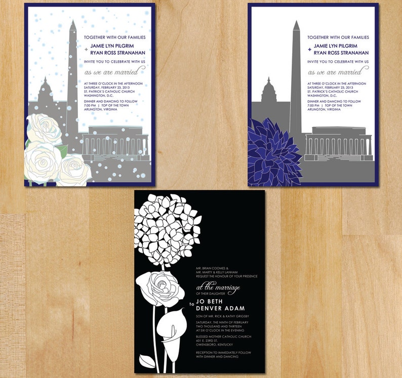May include: Two wedding invitations featuring a black and white floral design against a white backdrop. The text on the invitation reads "Together with our families, Jamie Lyn Pilgrim and Ryan Ross Stranahan invite you to celebrate with us as we are married." The invitations also include the date, time, and location of the wedding.