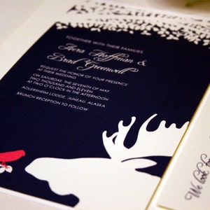 Bird and Moose Wedding Invitation, Navy Blue Pocketfold, Alaskan Wedding, Outdoor, Pink, Destination Country, Farm Invite, Woodsy, Hunter afbeelding 1