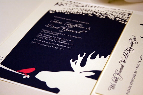 Bird and Moose Wedding Invitation, Navy Blue Pocketfold, Alaskan Wedding, Outdoor, Pink, Destination Country, Farm Invite, Woodsy, Hunter