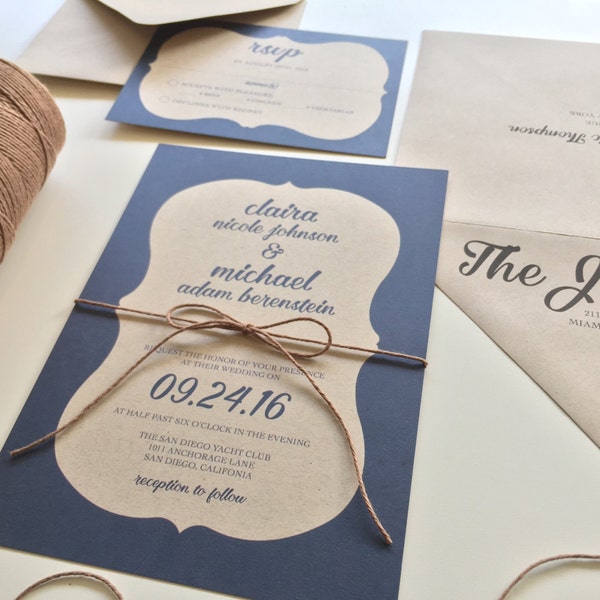 SAMPLE Ornate Border Kraft Paper Wedding Invitation Suite, Rustic Invitation Kraft Invitations Blue Brown Navy Blue Invitations Kraft Invite