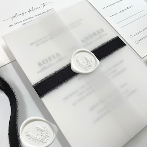 Black and White Wedding Invitations with Ribbon, Wax Seal and Translucent Vellum Wrap