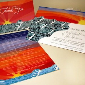 SAMPLE Beach Wedding Invitation, Ocean Sunset, Destination Wedding Invite, Blue Pocketfold, Yellow Sun, Red Outdoor Island Coast Shoreline