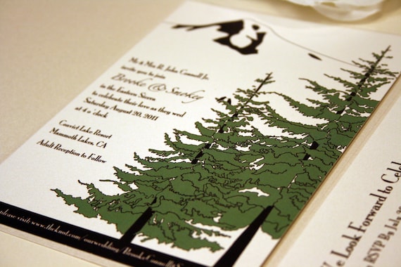 Trees and Mountain Wedding Invitation, Pocketfold Mt Hood Oregon Douglas Fir Trees, Two Crow Birds, Green, Black, Outdoor, Rustic and Modern