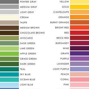 May include: A colour chart with the text "VO COLORS" and a list of colours with their names, including black, chartreuse, pewter grey, medium grey, light grey, cream, taupe, medium brown, chocolate brown, avocado, sage green, lime green, apple green, grass green, dark green, teal, sky blue, ocean blue, light blue, periwinkle blue, medium blue, navy blue, yellow, gold, cantaloupe, orange, burnt orange, bright red, red, brick red, burgundy, wine, grape, purple, lavender, light purple, peach, coral, pink, light pink, medium pink, and hot pink.