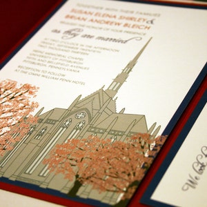 NEW SAMPLE Chapel Wedding Invitation, Oak Trees, Grey, Red, Fall, Winter Spring, Gothic Cathedral, Heinz Memorial Chapel, Pittsburgh, Church image 2