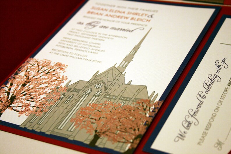 NEW SAMPLE Chapel Wedding Invitation, Oak Trees, Grey, Red, Fall, Winter Spring, Gothic Cathedral, Heinz Memorial Chapel, Pittsburgh, Church image 2