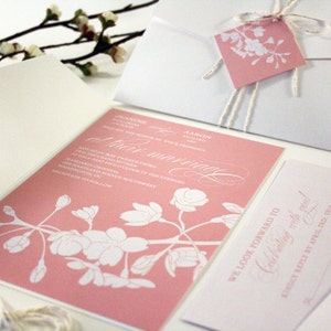 Cherry Blossom Wedding Invitation, Spring Wedding Invitations, Pocketfold, Tag Twine, Floral Pink, Vintage, Rustic, Tree Branch Invitation