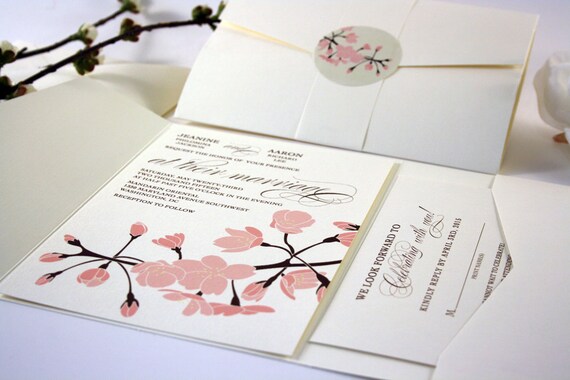 Cherry Blossom Wedding Invitations Sample, with Pocketfold, Twine and Tag