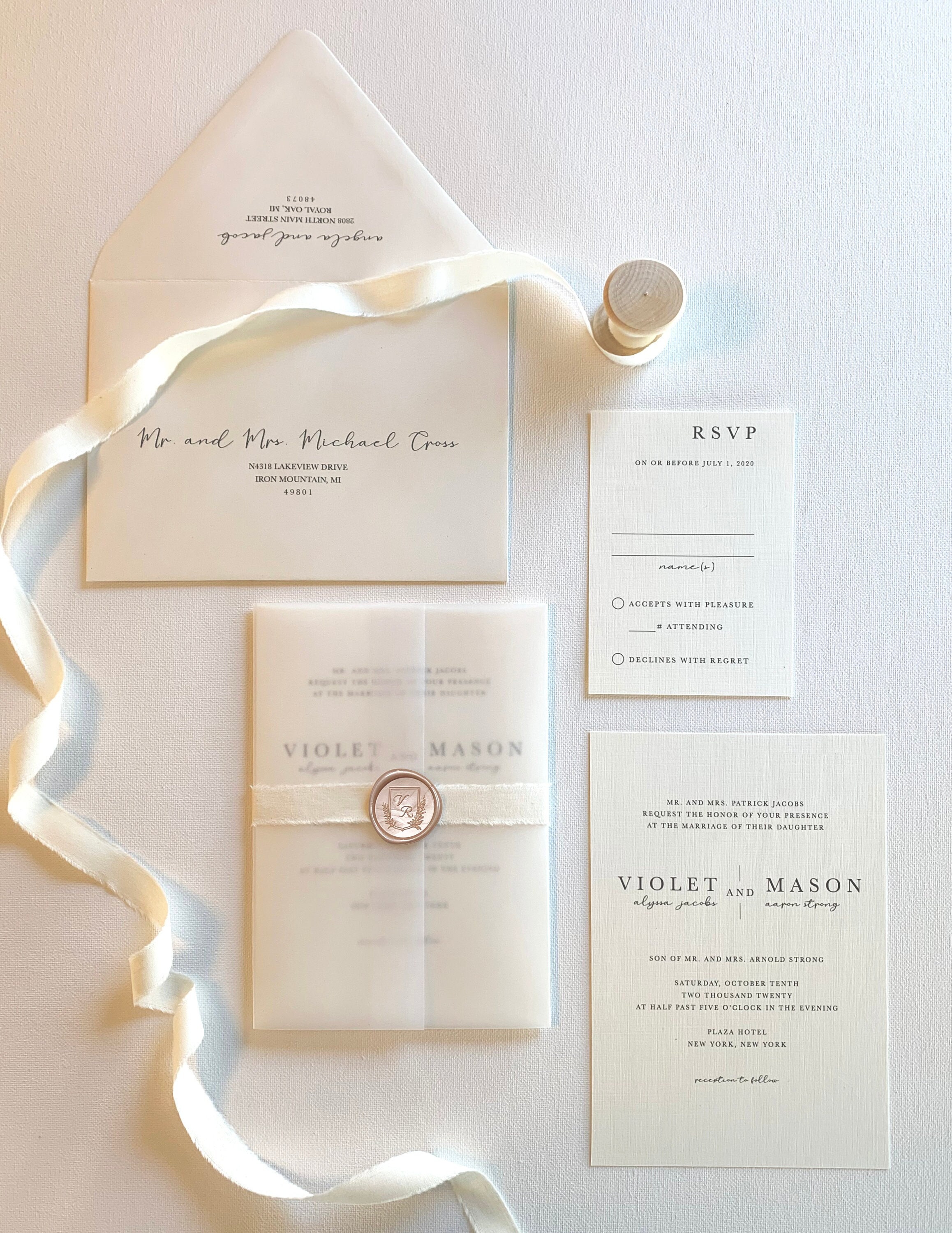 Suite de faire-part de mariage rose champagne et ivoire Echantillon -   France