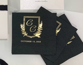 300 personalisierte Monogramm-Hochzeits-Servietten mit Goldfolie auf Schwarz