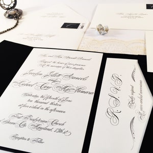 Chic Script Wedding Invitation Pocketfold Suite Sample, Cream Black Silver Script Wedding Invitations Printable invitation Wedding Modern imagen 2