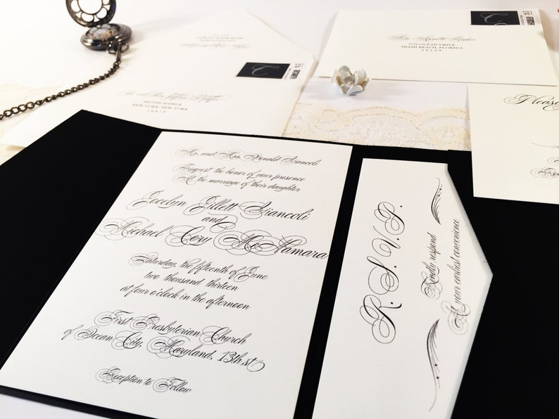 Chic Script Wedding Invitation Pocketfold Suite Sample, Cream Black Silver Script Wedding Invitations Printable invitation Wedding Modern imagen 2
