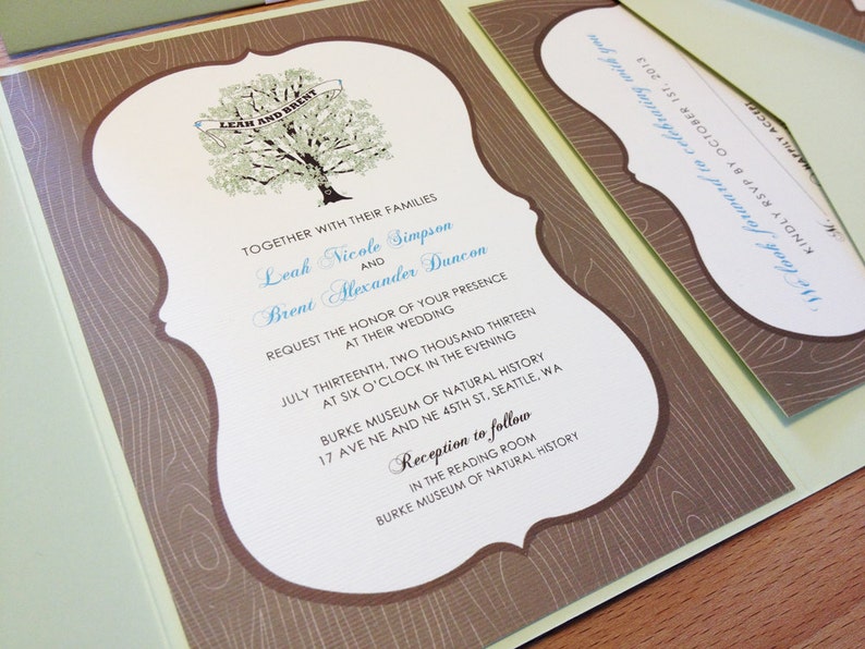 Tree Wedding Invitation Navy, with Woodgrain, Invitation Sample, Navy Pocketfold, Rustic Invitation Suite image 4