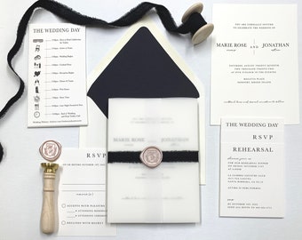 Champagne Pink and Black Wedding Invitation Suite