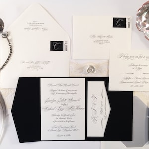 Chic Script Wedding Invitation Pocketfold Suite Sample, Cream Black Silver Script Wedding Invitations Printable invitation Wedding Modern