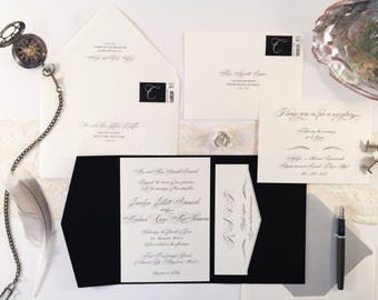 Chic Script Wedding Invitation Pocketfold Suite Sample, Cream Black Silver Script Wedding Invitations Printable invitation Wedding Modern