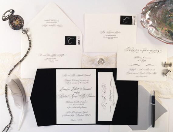 Chic Script Wedding Invitation Pocketfold Suite Sample, Cream Black Silver Script Wedding Invitations Printable invitation Wedding Modern