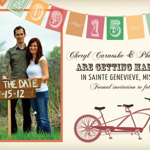 Fahrrad Save the Date Karte, Rustikale Tandem Hochzeit Save the Date Postkarte, Vintage Fahrrad HochzeitSeinladung, Rot, Braun, Orange, Grün