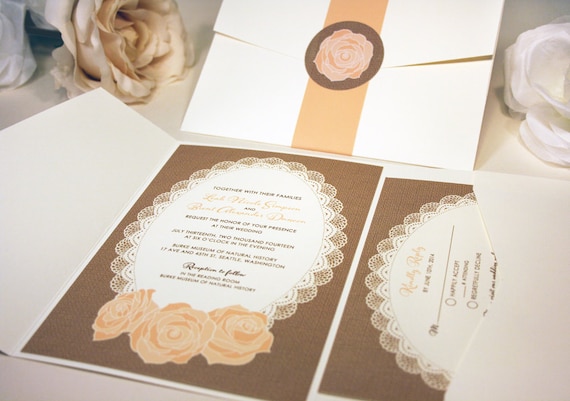 Wedding Invitation Lace and Burlap Rose Pocketfold, RSVP, Rustic, Vintage, Peach, Tan, Brown, Ivory, Cream, Floral