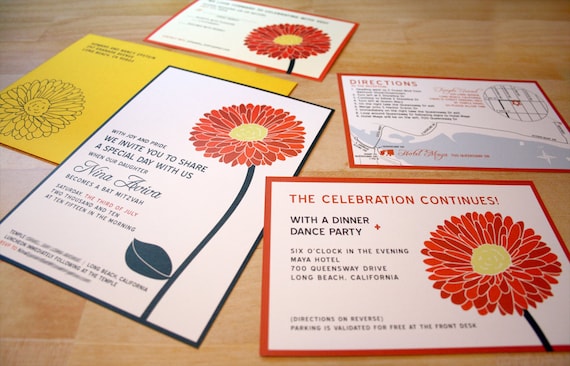 Gerbera Daisy Bat Mitzvah Invitations, Flower Red, Yellow Daisy, Custom Bat Mitzvah Invite, Jewish Invitation Girls Party Pink Orange