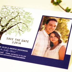 Oak Tree Enregistrer la carte de date, mariage enregistrer la carte postale date, Tree Wedding Invitation Set, Cartes photo rustiques, Bleu et Vert, Mariage en plein air