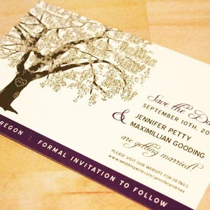 Arbre rustique enregistrer la carte Date, mariage enregistrer la Date carte postale, le violet et le marron, personnaliser couleurs et texte, imprimable ou imprimé