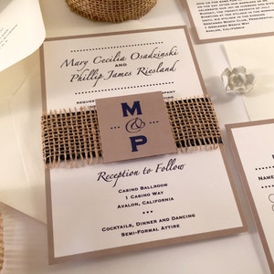 Script Monogram Wedding Invitations, Navy Blue, Taupe and Ivory Wedding Invitation Set, Chic Calligraphy, Simple Elegant Custom Colors Fonts