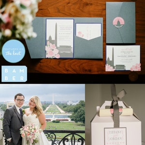 May include: A wedding invitation suite in grey and blue featuring a stylised illustration of the Washington Monument and cherry blossoms. The invitation includes the couple's names, wedding date, and the text "Welcome to our wedding!"